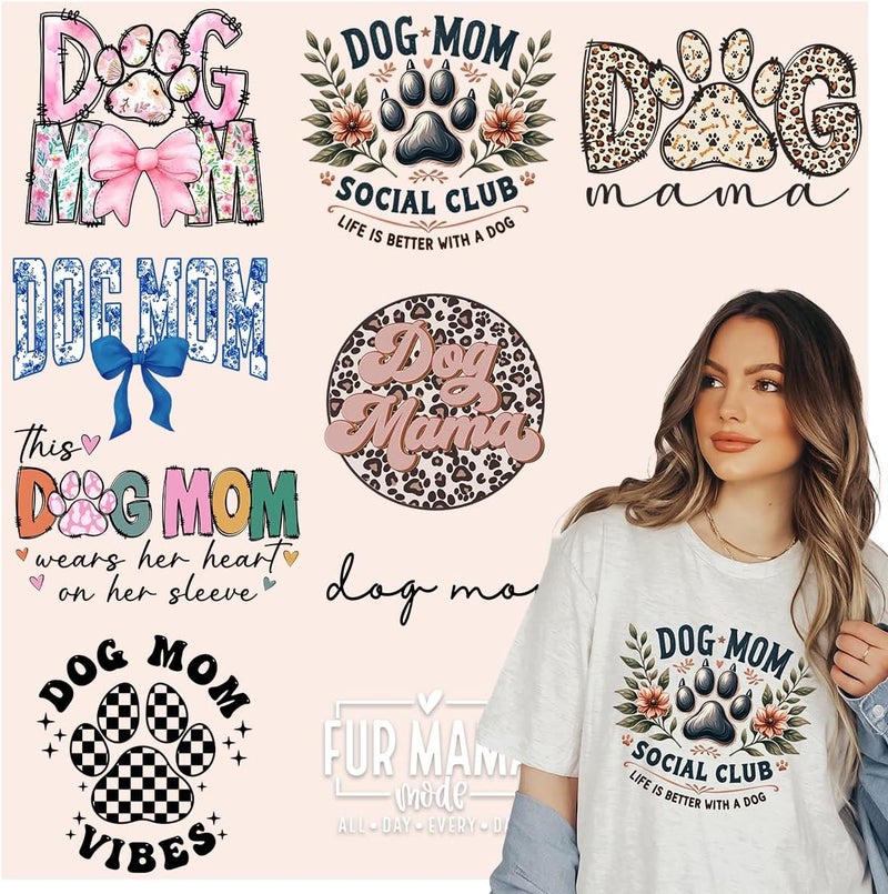 Kaciola Dog Mom DTF Transfers Ready to Press, 9 Sheets Dog Mom Social Club Mama Paw Iron on Transfers Washable Stickers Iron on Decals for T Shirts Hoodie DIY Crafts - Image 1